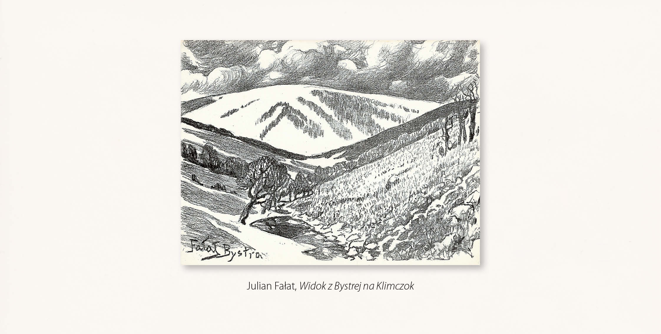 Grafika: Julian Fałat, Widok z Bystrej na Klimczok – horyzontalna kompozycja przedstawia rozległą dolinę zamkniętą łagodnie wypiętrzonym zboczem.